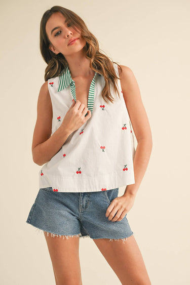FRUIT EMBROIDERY COLLARED TANK